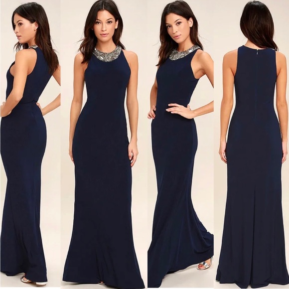 Lulus Dresses & Skirts - Lulu's Navy Beaded-Neckline Evening Gown
